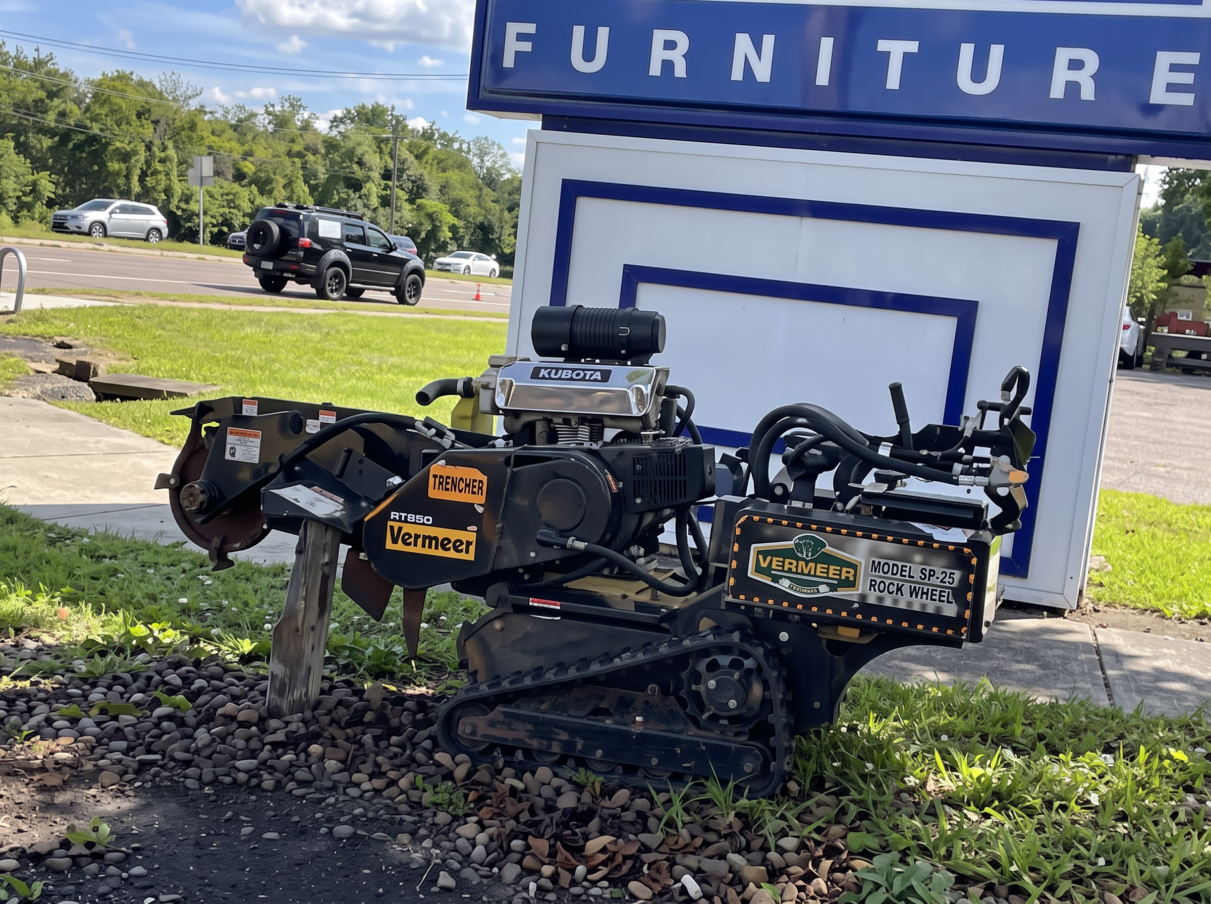 Stump grinder working at a retail plaza