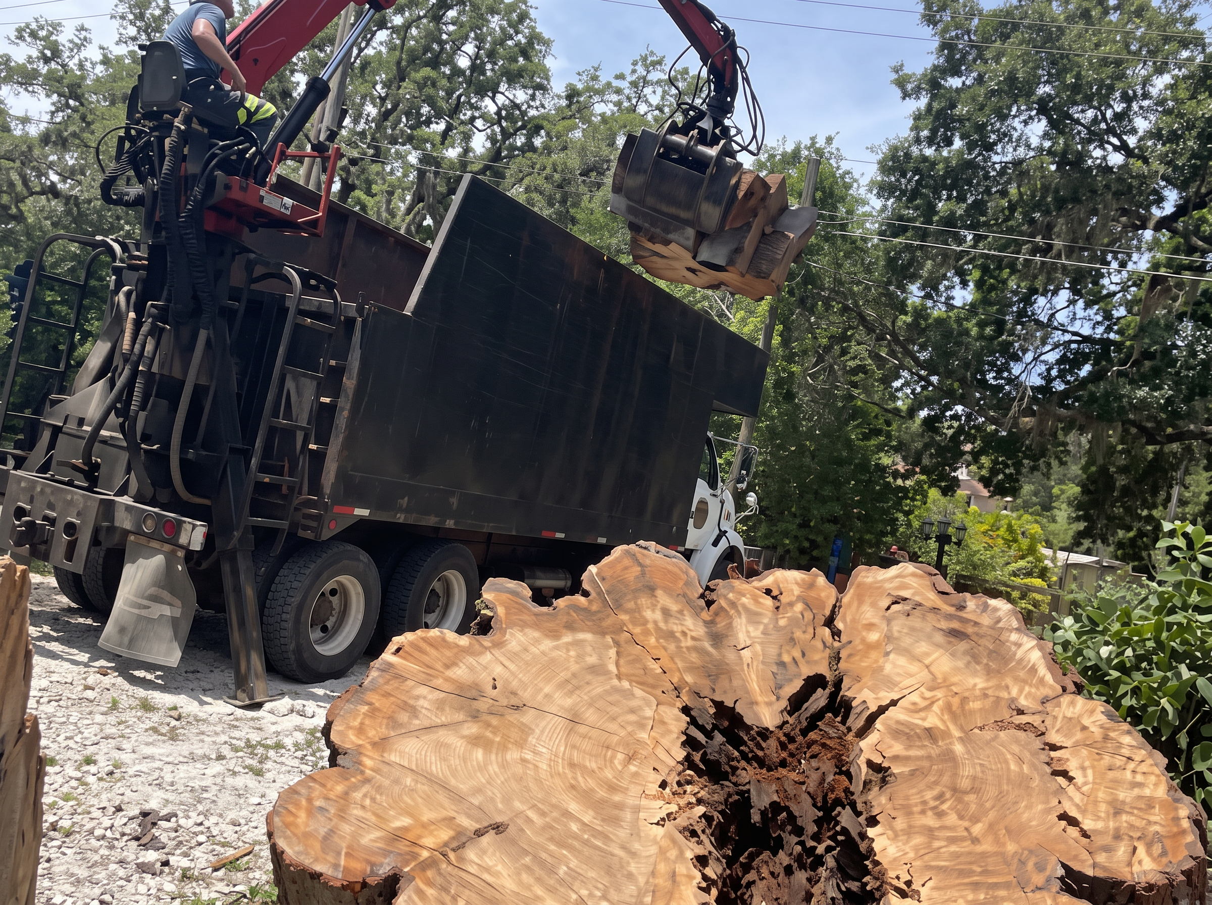 Crane setting a large trunk section into a dump truck
