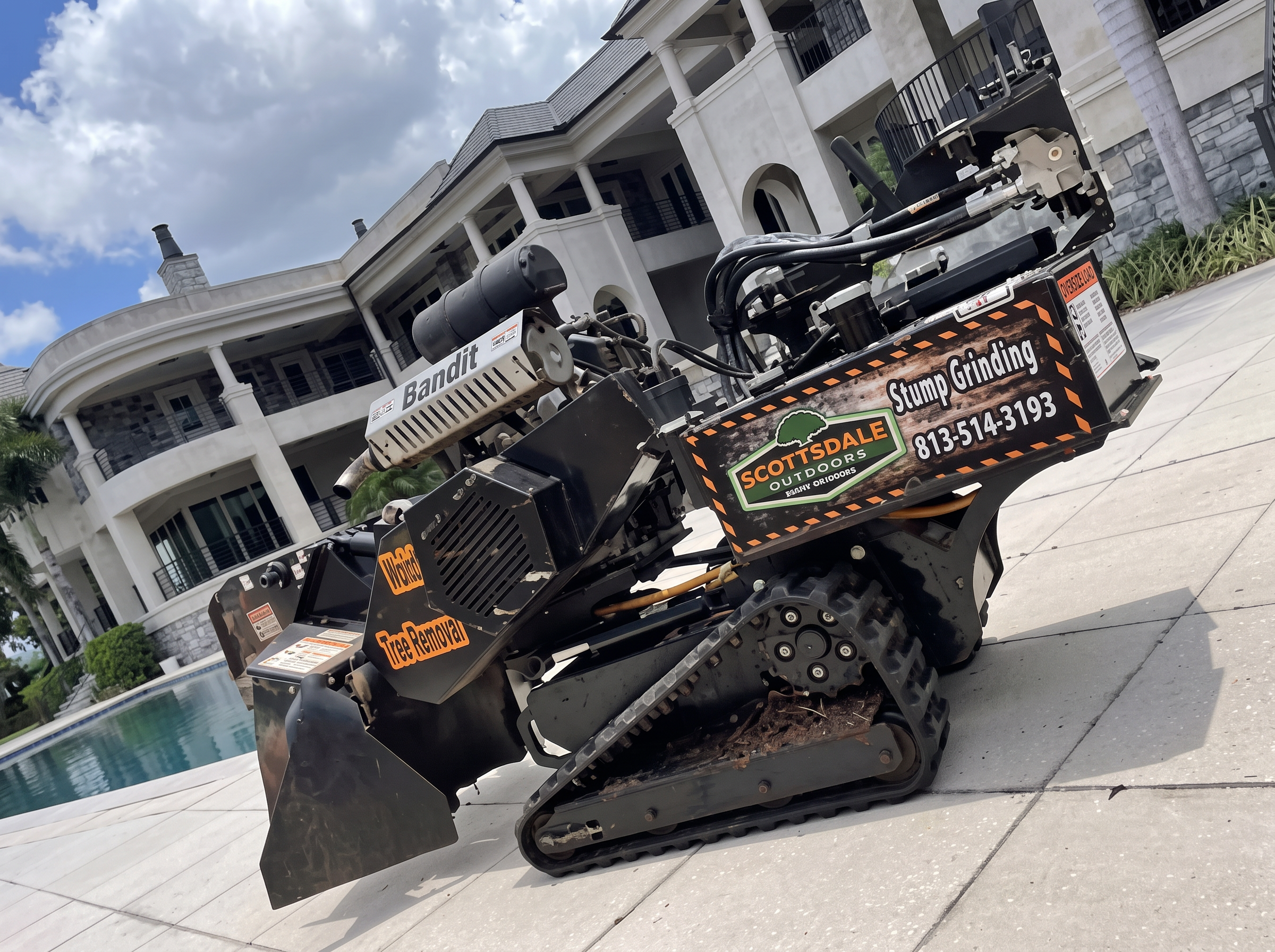 Stump grinder staged on a driveway beside a pool home