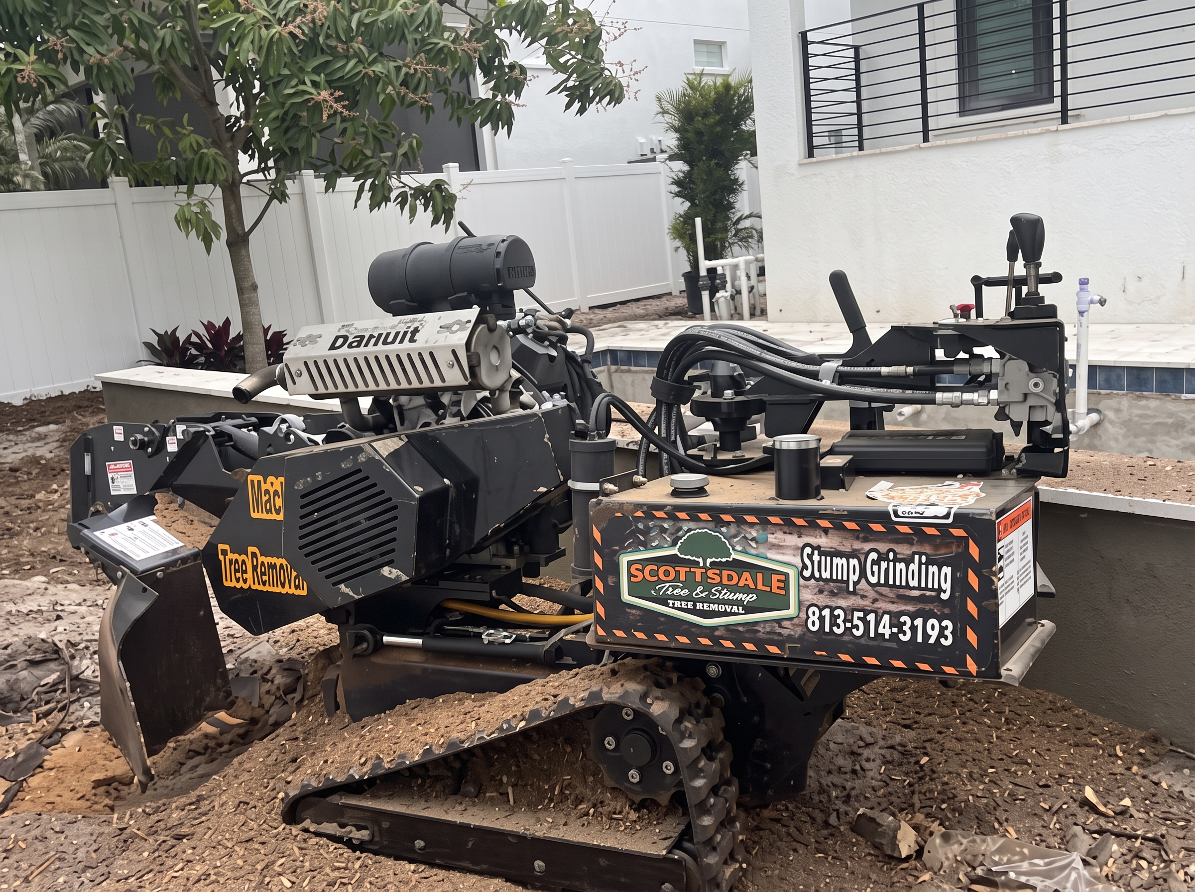 Stump grinder positioned on a Tampa driveway
