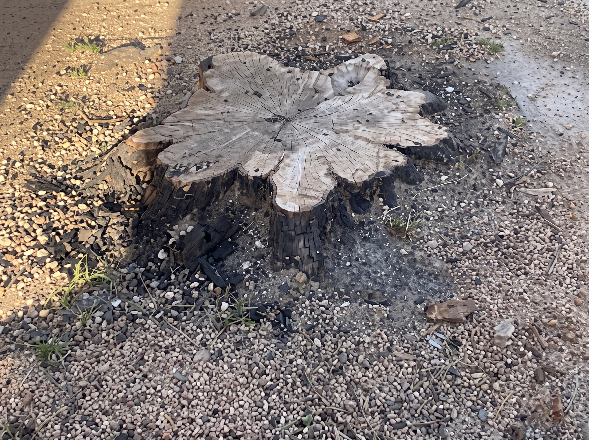 Freshly ground stump level with the ground